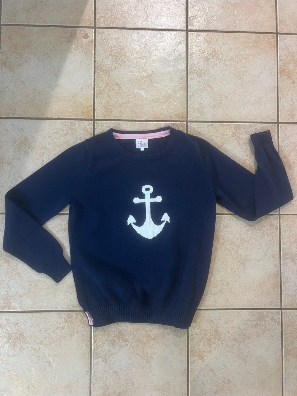 Pink Pineapple Navy Crewneck Sweater with White Anchor, Sz Large